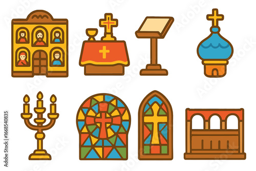 Orthodox Church Icons. Flat vector mini-illustrations orthodox church elements in colors children's illustrations: iconostasis,