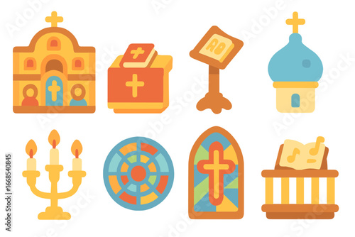 Orthodox Church Icons. Flat vector mini-illustrations orthodox church elements in colors children's illustrations: iconostasis,