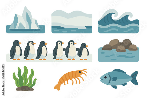 Penguin and Albatross Icons. Flat vector mini-illustrations penguin environment in colors children's illustrations: icebergs,