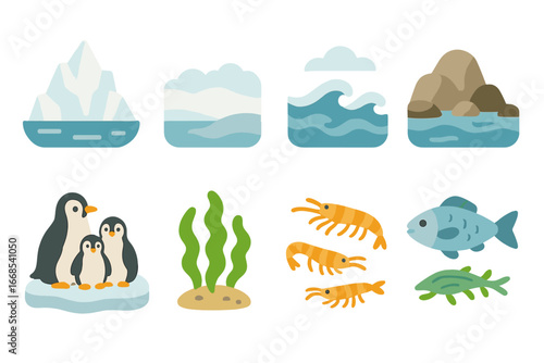Penguin and Albatross Icons. Flat vector mini-illustrations penguin environment in colors children's illustrations: icebergs,