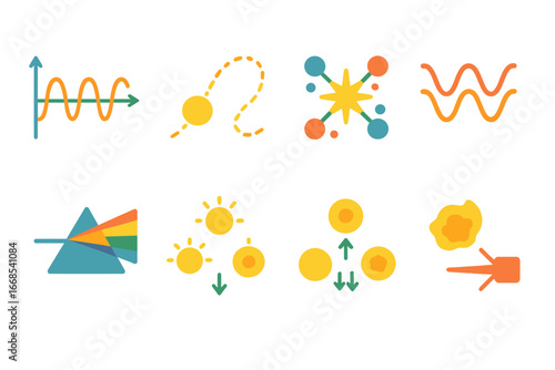 Photon Science Icons. Flat vector mini-illustrations photon science in colors children's illustrations: light wave equation,