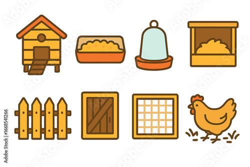 Playful Chicken Icons. Flat vector mini-illustrations backyard chickens in colors children's illustrations: hen coop, feeder,