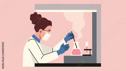 Scientist mixing chemicals inside fume hood cabinet for laboratory experiment, wearing protective mask and gloves for safety. Flat vector illustration