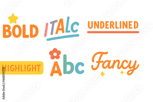 Playful Font Mini-Illustrations. Flat vector mini-illustrations font styles in colors children's illustrations: bold text, italic