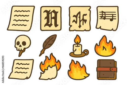 Playful Gothic Icons. Flat vector mini-illustrations black metal lyrics in colors children's illustrations: handwritten notes,