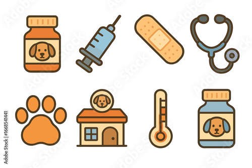 Puppy Health Icons. Flat vector mini-illustrations dogs health care in colors children's illustrations: medicine bottle, syringe,