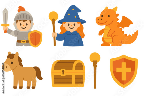 Quest Companions Icons. Flat vector mini-illustrations quest companions in colors children's illustrations: child knight, wizard,