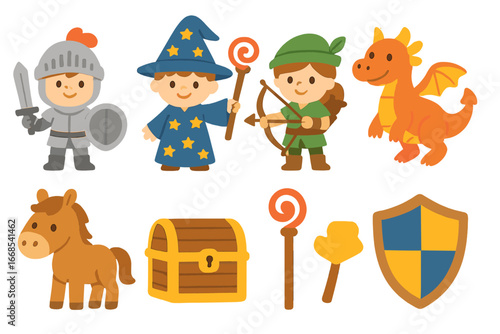 Quest Companions Icons. Flat vector mini-illustrations quest companions in colors children's illustrations: child knight, wizard,