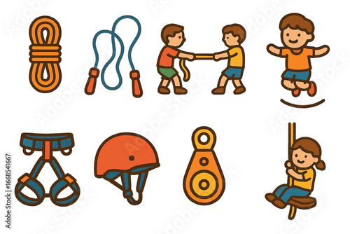 Rope Sports Icons. Flat vector mini-illustrations rope sports in colors children's illustrations: climbing rope, jump rope, tug of