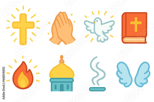 Sacred Symbols Icons. Flat vector mini-illustrations Sacred symbols in colors children's illustrations: glowing cross, prayer