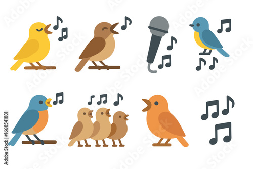 Singing Birds Choir. Flat vector mini-illustrations singing birds in colors children's illustrations: canary singing, nightingale,