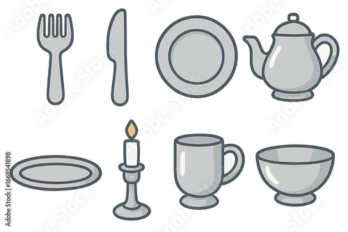 Silver Tableware Icons. Flat vector mini-illustrations Silver tableware in colors children's illustrations: silver fork, silver