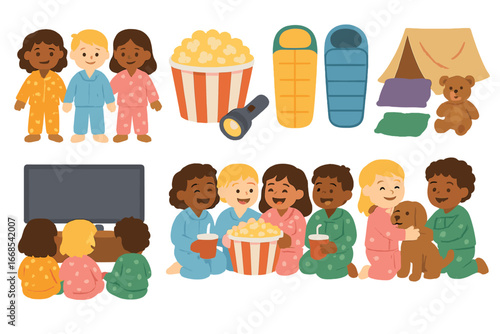 Sleepover Fun Icons. Flat vector mini-illustrations sleepover fun in colors children's illustrations: group of kids in pajamas,