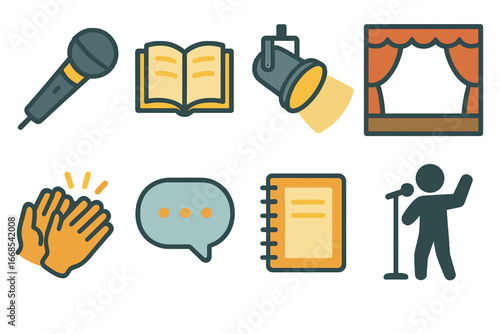 Slam Poetry Icons. Flat vector mini-illustrations slam poetry in colors children's illustrations: microphone, open book, spotlight