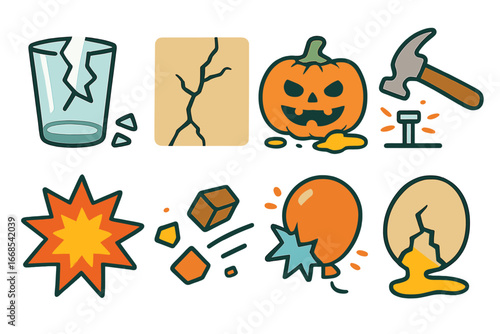 Smash Action Icons. Flat vector mini-illustrations smash actions in colors children's illustrations: broken glass, cracked wall,