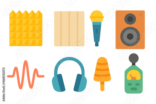 Soundproofing Essentials Grid. Flat vector mini-illustrations soundproofing absorption in colors children's illustrations: