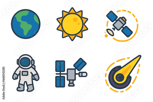 Space Adventure Icons. Flat vector mini-illustrations gravity in space in colors children's illustrations: earth, moon, sun,