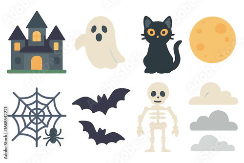 Spooky Icon Grid. Flat vector mini-illustrations spooky unknown in colors children's illustrations: haunted house, ghost, black