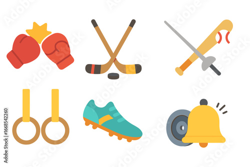 Sports Gear Icons. Flat vector mini-illustrations clang in sports sounds in colors children's illustrations: boxing gloves hitting