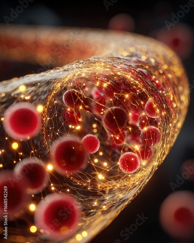 Futuristic Artistic Representation of Blood Flow Within Artery Featuring Glowing Networks and Red Blood Cells in Vivid Neural Style