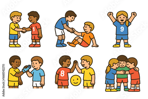 Sportsmanship Icons Grid. Flat vector mini-illustrations Respect in sports in colors children's illustrations: handshake before