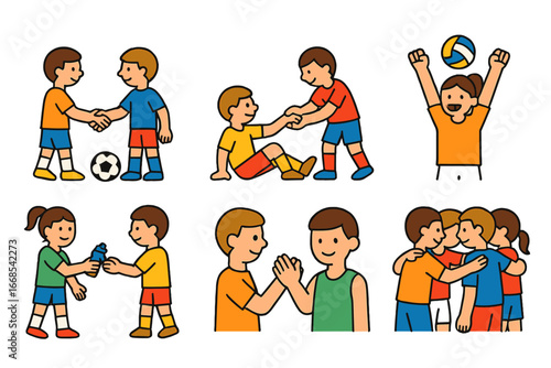 Sportsmanship Icons Grid. Flat vector mini-illustrations Respect in sports in colors children's illustrations: handshake before