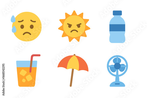 Summer Heat Icons. Flat vector mini-illustrations heat and emotions in colors children's illustrations: sweating face, tired face,
