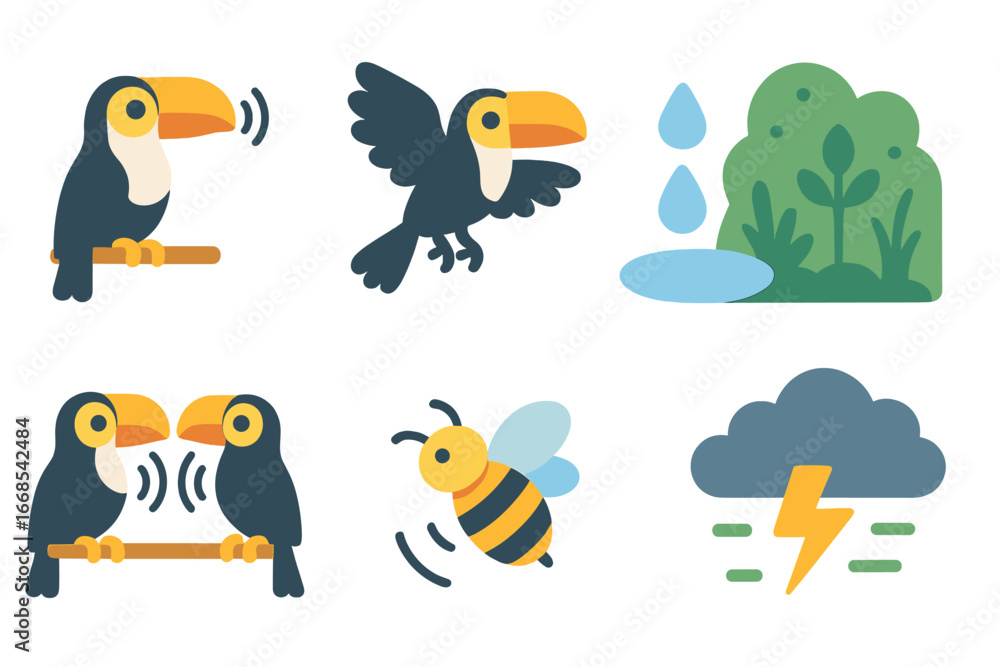 Fototapeta premium Toucan Jungle Sounds. Flat vector mini-illustrations toucan sounds in colors children's illustrations: toucan call, wing flapping,