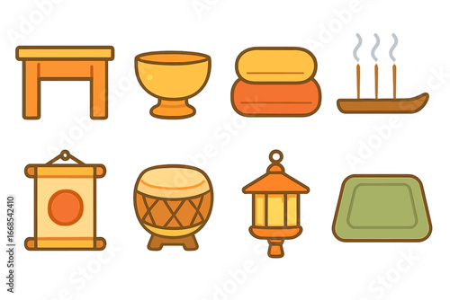 Temple Icons for Kids. Flat vector mini-illustrations temple interior objects in colors children's illustrations: altar table,
