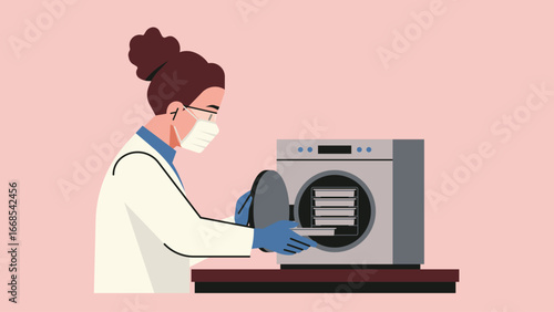 Scientist using autoclave sterilizer for disinfecting laboratory equipment, wearing protective mask and gloves for biosafety. Flat vector illustration