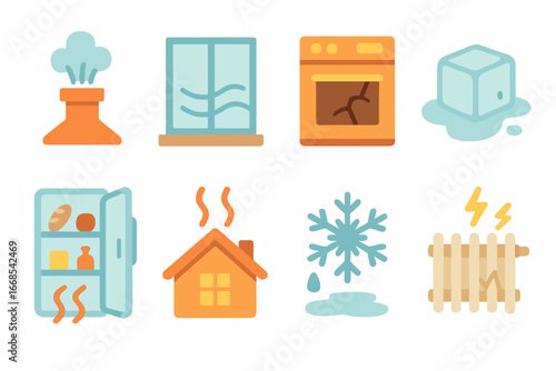 Thermal Energy Loss Illustrated. Flat vector mini-illustrations thermal energy loss in colors children's illustrations: leaking