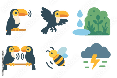 Toucan Jungle Sounds. Flat vector mini-illustrations toucan sounds in colors children's illustrations: toucan call, wing flapping,