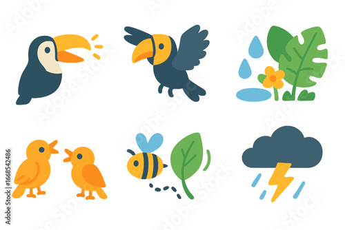 Toucan Jungle Sounds. Flat vector mini-illustrations toucan sounds in colors children's illustrations: toucan call, wing flapping,