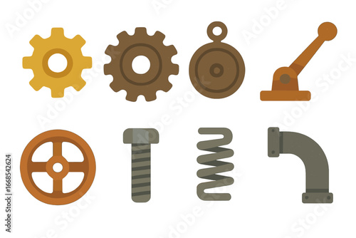 Vintage Iron Machinery Icons. Flat vector mini-illustrations old iron machinery in colors children's illustrations: vintage iron