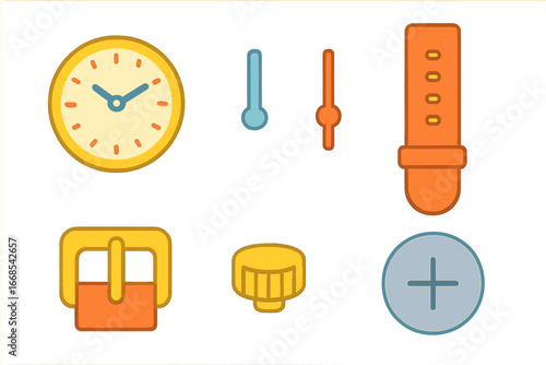 Watch Parts Illustrations. Flat vector mini-illustrations watch parts in colors children's illustrations: watch face, hour hand,