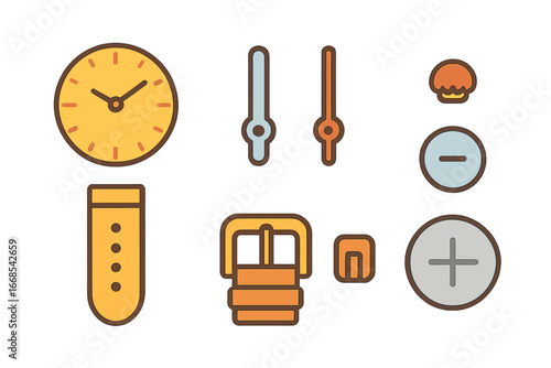 Watch Parts Illustrations. Flat vector mini-illustrations watch parts in colors children's illustrations: watch face, hour hand,