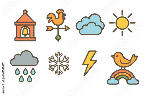 Weather Icons for Children. Flat vector mini-illustrations bell tower weather in colors children's illustrations: wind vane,