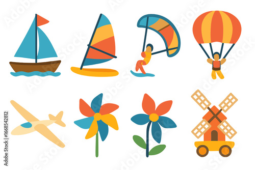 Wind-Powered Adventures. Flat vector mini-illustrations wind transportation in colors children's illustrations: sailing boat,
