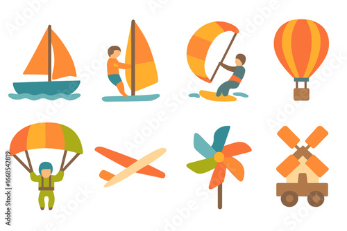 Wind-Powered Adventures. Flat vector mini-illustrations wind transportation in colors children's illustrations: sailing boat,