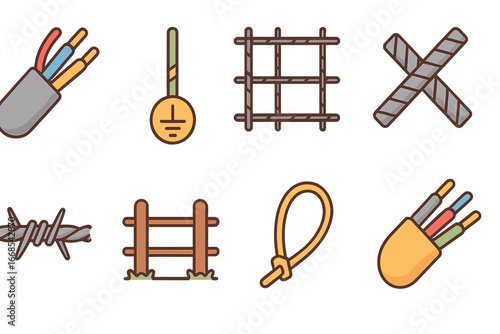 Wire Construction Icons. Flat vector mini-illustrations wire in construction in colors children's illustrations: electrical wiring