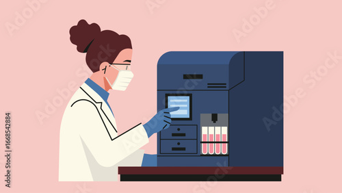 Scientist operating flow cytometer machine for blood cell analysis, wearing protective mask and gloves in laboratory environmentใ Flat vector illustration