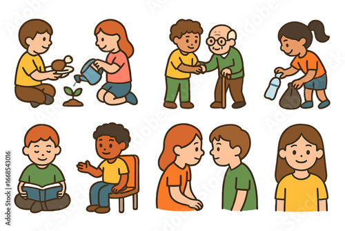 Acts of Kindness. Flat vector mini-illustrations Humble acts in colors children's illustrations: sharing food, watering plant,