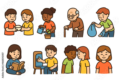 Acts of Kindness. Flat vector mini-illustrations Humble acts in colors children's illustrations: sharing food, watering plant,