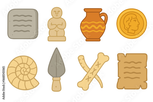 Ancient Relics Icons. Flat vector mini-illustrations Ancient relics in colors children's illustrations: stone tablet, ancient