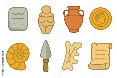 Ancient Relics Icons. Flat vector mini-illustrations Ancient relics in colors children's illustrations: stone tablet, ancient