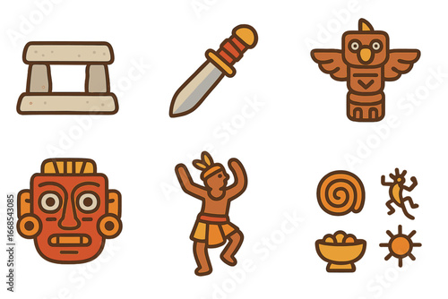 Ancient Ritual Icons. Flat vector mini-illustrations ancient rituals in colors children's illustrations: stone altar, ritual knife