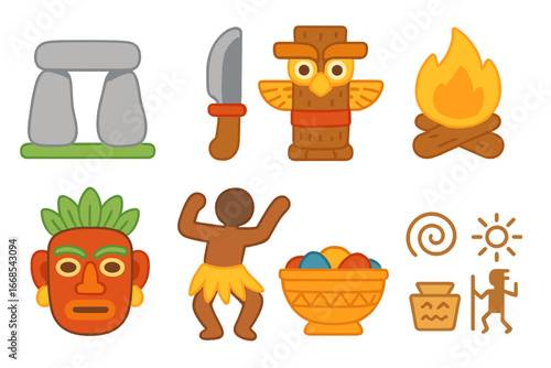 Ancient Ritual Icons. Flat vector mini-illustrations ancient rituals in colors children's illustrations: stone altar, ritual knife