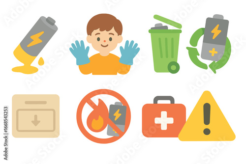 Battery Safety Icons. Flat vector mini-illustrations battery safety in colors children's illustrations: battery leak warning,