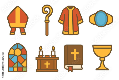 Bishop Icon Grid. Flat vector mini-illustrations Bishop in colors children's illustrations: bishop mitre, crozier staff, bishop