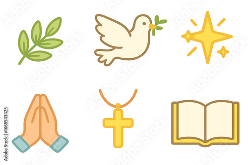 Blessings Icon Grid. Flat vector mini-illustrations blessing symbols in colors children's illustrations: olive branch, peace dove,